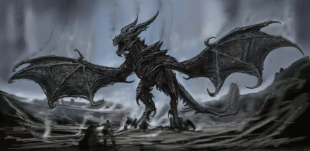 A high-definition desktop wallpaper featuring a menacing dragon from the video game The Elder Scrolls V: Skyrim. The dark, detailed creature dominates the landscape, capturing the intense atmosphere of the game.