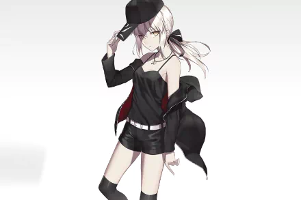 HD desktop wallpaper featuring Saber Alter, also known as Artoria Pendragon, from the anime Fate/Grand Order. She stands confidently in stylish black attire, with a hat and coat, against a minimalist background.