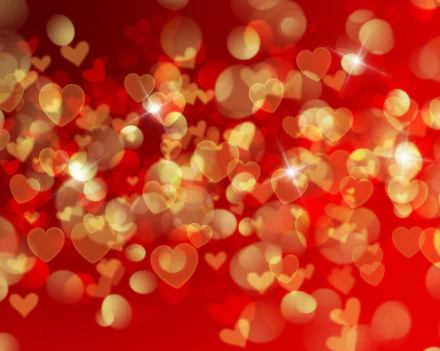 A vibrant 4K Ultra HD desktop wallpaper featuring artistic heart-shaped bokeh in warm colors with glowing light effects on a red background.