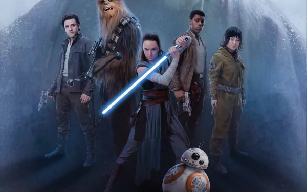 HD wallpaper featuring characters from Star Wars: The Last Jedi: Rey with a lightsaber, Poe Dameron, Chewbacca, Finn, and Rose Tico, with BB-8 in the foreground.