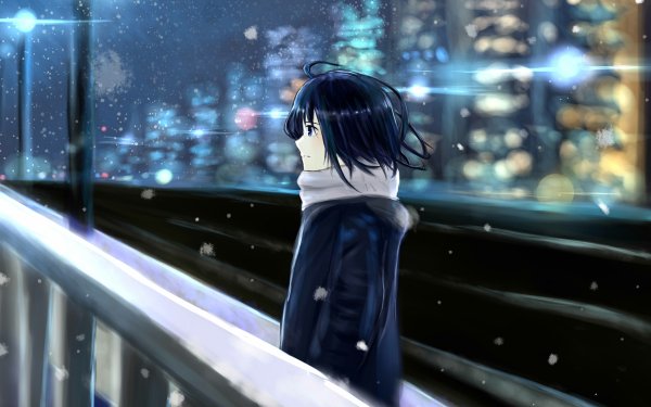 Anime Original Snow Cold City Night Light Scarf HD Wallpaper | Background Image