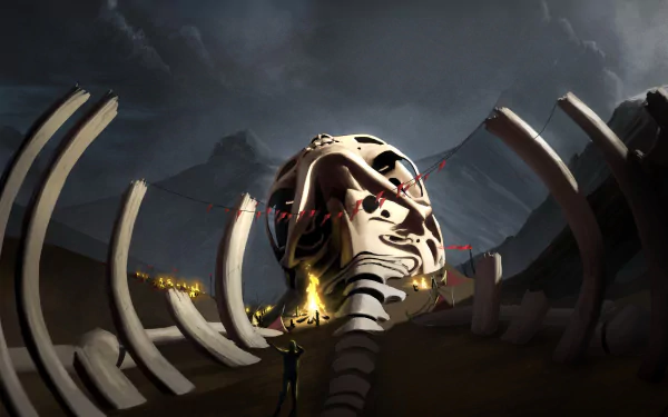 A dark fantasy landscape featuring a giant skull surrounded by massive bones and a glowing bonfire, creating a dramatic HD PC desktop wallpaper background.