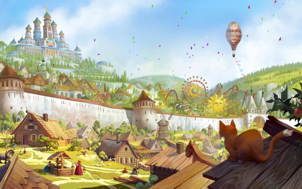 A whimsical fantasy cityscape featuring a cat perched on a rooftop, overlooking colorful houses, a vibrant fairground, and a hot air balloon floating in a bright sky.