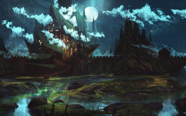 Fantasy Building Night Moon HD Wallpaper | Background Image