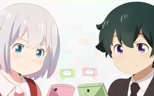 HD anime desktop wallpaper featuring Masamune Izumi and Sagiri Izumi from EroManga-Sensei, both holding smartphones with message icons floating between them.