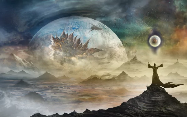 A dramatic sci-fi landscape features a colossal cracked planet in collision, with a figure standing on rocky terrain beneath a swirling cosmic sky. HD PC desktop wallpaper.
