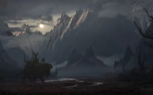 A dark, fantasy HD wallpaper featuring an elephant in a foggy landscape with mountains, clouds, and a luminous moon.