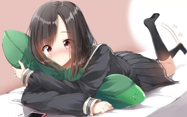 An anime schoolgirl with black hair and red eyes blushes while hugging a green pillow. She is in a school uniform and holding a phone, in an HD desktop wallpaper background.