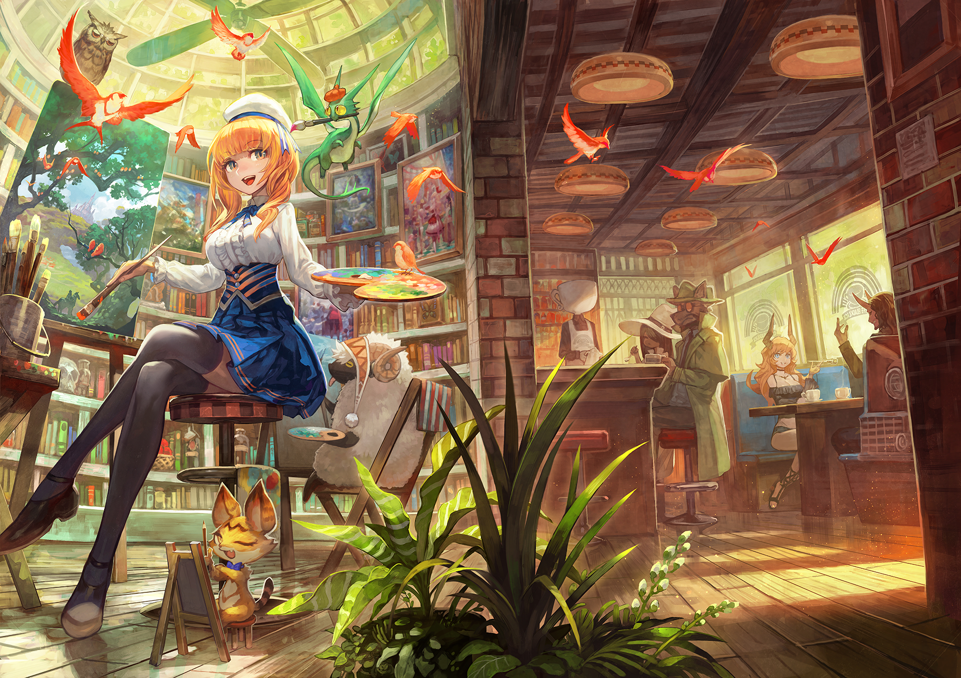HD desktop wallpaper featuring an anime-style scene of a cheerful artist painting amidst vibrant surroundings in a cozy cafe, with orange birds flying around and patrons enjoying their time.