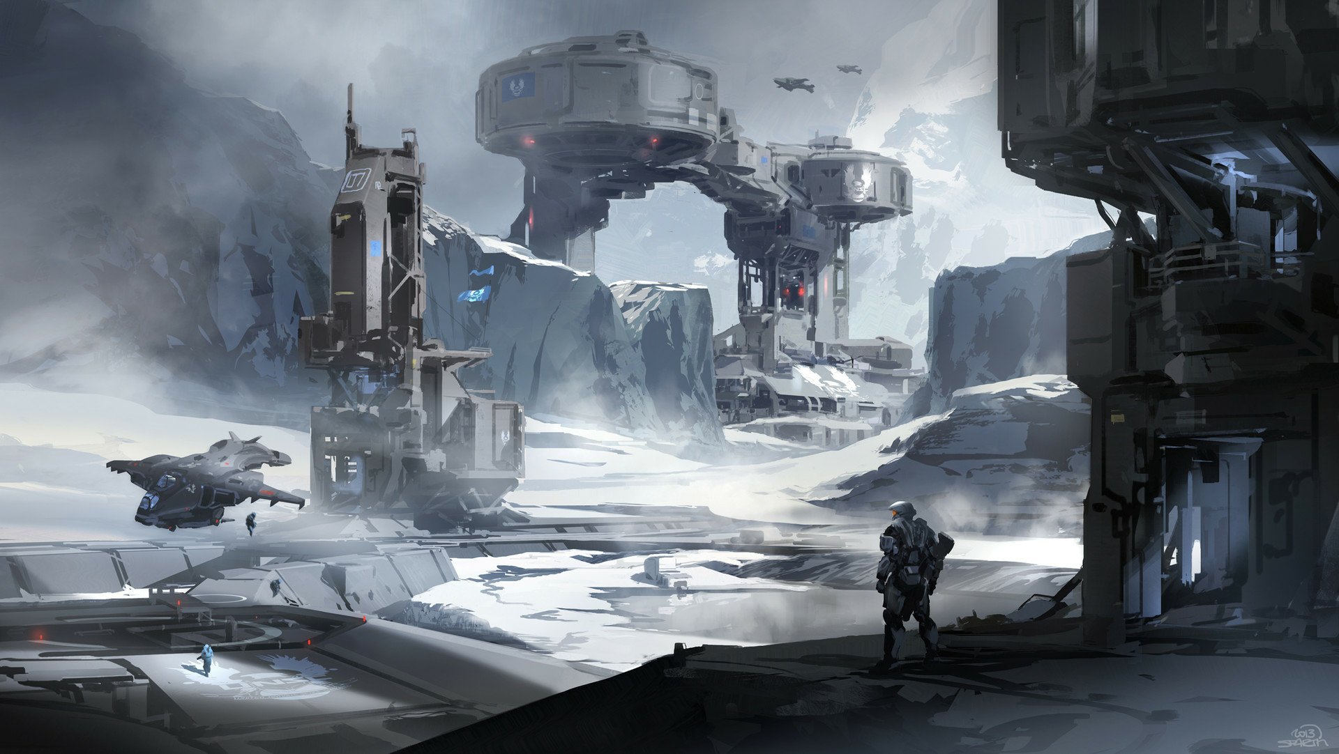 HD PC desktop wallpaper from the video game Halo 5: Guardians, depicting a futuristic icy landscape with advanced structures and a lone armored figure.