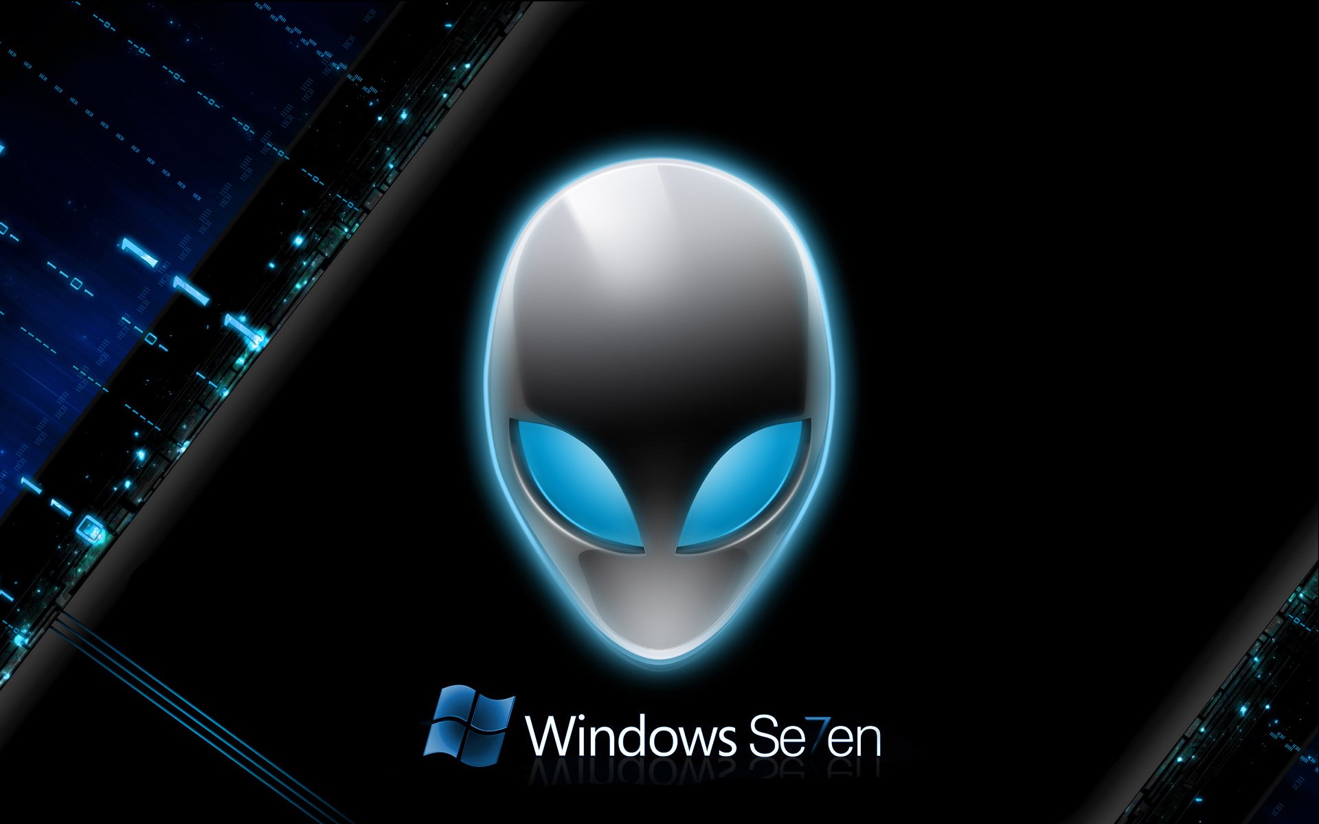 A sleek HD desktop wallpaper featuring a futuristic alien emblem with glowing blue eyes and the Windows 7 logo, set against a dark, technology-inspired background.