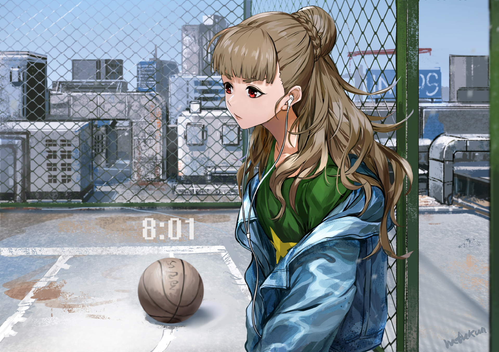 HD PC desktop wallpaper of Nao Kamiya from The iDOLM@STER Cinderella Girls, featuring her standing by a fenced rooftop basketball court.