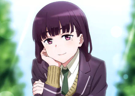 HD desktop wallpaper featuring an anime character from Just Because! with purple hair, wearing a school uniform, and resting her chin on her hand against a blurred green and blue background.