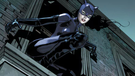 HD wallpaper featuring DC Comics' Catwoman, Selina Kyle, poised on a windowsill in her black catsuit, ready for action against a dark, gritty urban backdrop.