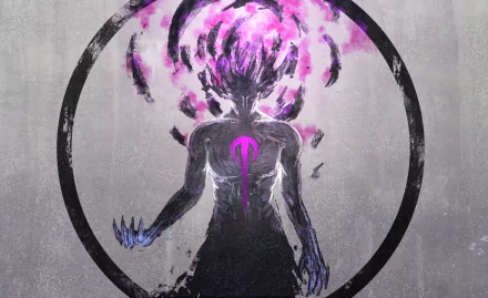 HD fantasy desktop wallpaper featuring a dark silhouette of a man surrounded by glowing purple magical energy within a circular frame.