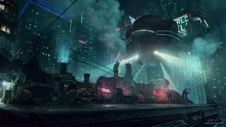 Futuristic sci-fi cityscape at night with towering skyscrapers, a flying vehicle, rain, and bright neon lights in a cyberpunk theme. HD desktop wallpaper.