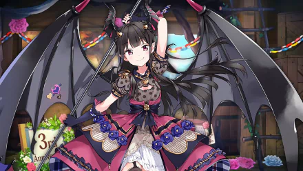 HD anime desktop wallpaper featuring Aki Adagaki from Masamune-kun's Revenge in a detailed dark gothic outfit with bat wings, standing in a festive, colorful setting.