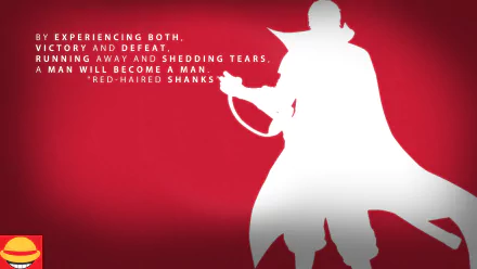 HD desktop wallpaper featuring a white silhouette of Shanks from One Piece on a red background, accompanied by his quote on victory, defeat, and manhood.