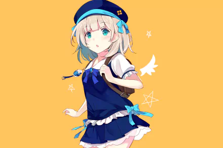 Anime-style schoolgirl with short blonde hair, blue eyes, a blue bow, and hat, wearing a school uniform and carrying a bag against a bright orange background.