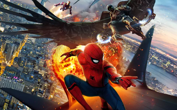HD desktop wallpaper featuring Spider-Man, Iron Man, and Vulture from the movie Spider-Man: Homecoming in an intense cityscape battle scene.