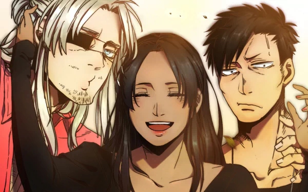 Anime HD desktop wallpaper featuring Nicolas Brown with an eye patch, Alex Benedetto smiling, and Worick Arcangelo with black and white hair, from Gangsta.