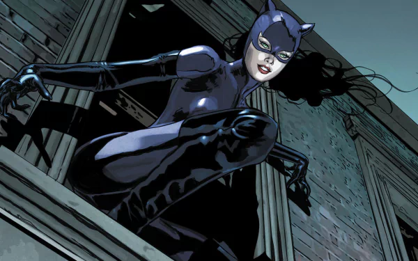HD wallpaper featuring DC Comics' Catwoman, Selina Kyle, poised on a windowsill in her black catsuit, ready for action against a dark, gritty urban backdrop.