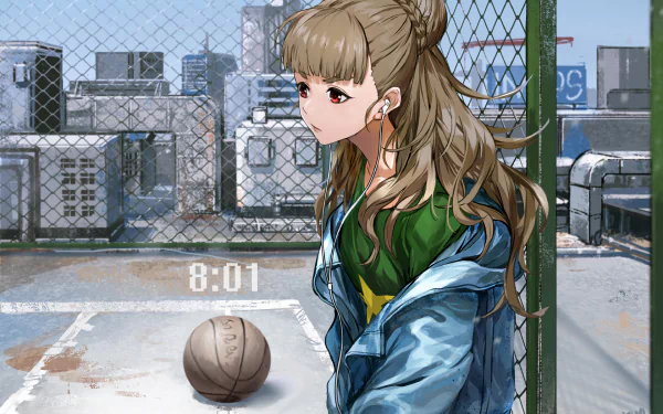 HD PC desktop wallpaper of Nao Kamiya from The iDOLM@STER Cinderella Girls, featuring her standing by a fenced rooftop basketball court.