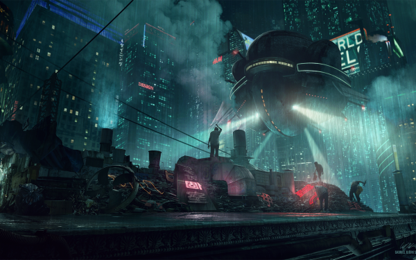 Ciencia ficción Ciberpunk Ciudad Futurista Lluvia Noche Rascacielos Vehículo Fondo de pantalla HD | Fondo de Escritorio