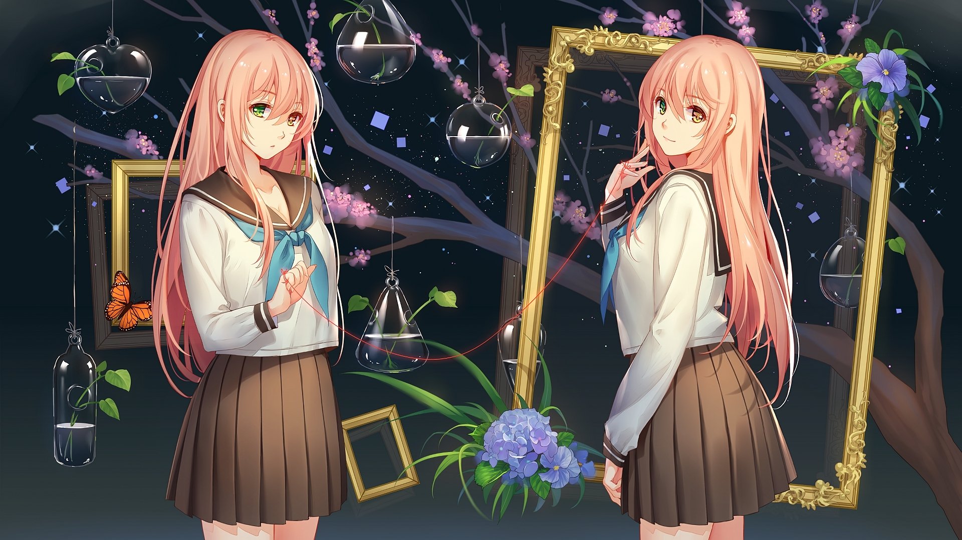 Anime HD desktop wallpaper featuring two girls with pink hair in school uniforms, standing amidst a whimsical scene with picture frames, lanterns, and flowers. Decorated with a serene night background.