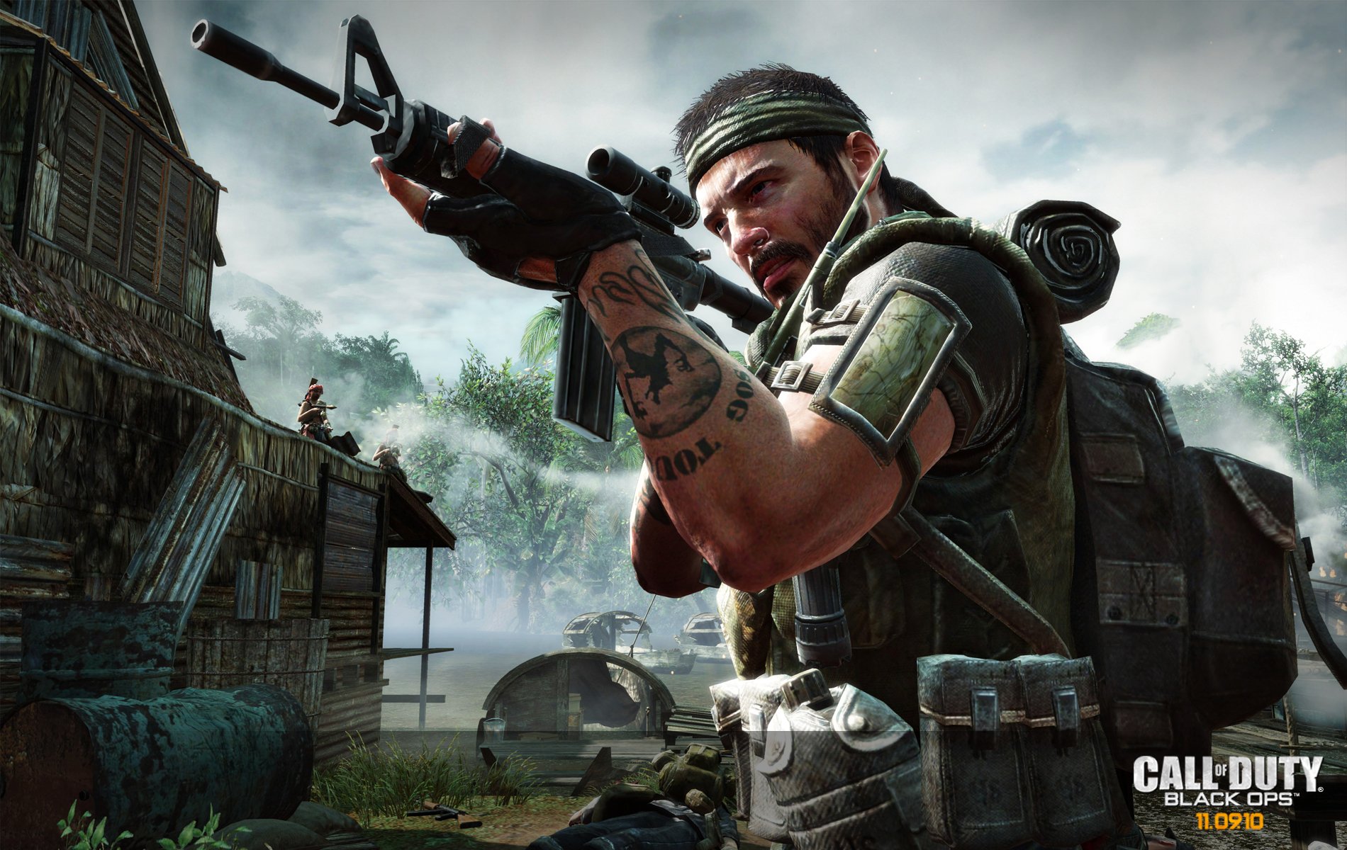 HD PC desktop wallpaper featuring a soldier aiming a rifle in a tactical scene from the Call of Duty video game series.