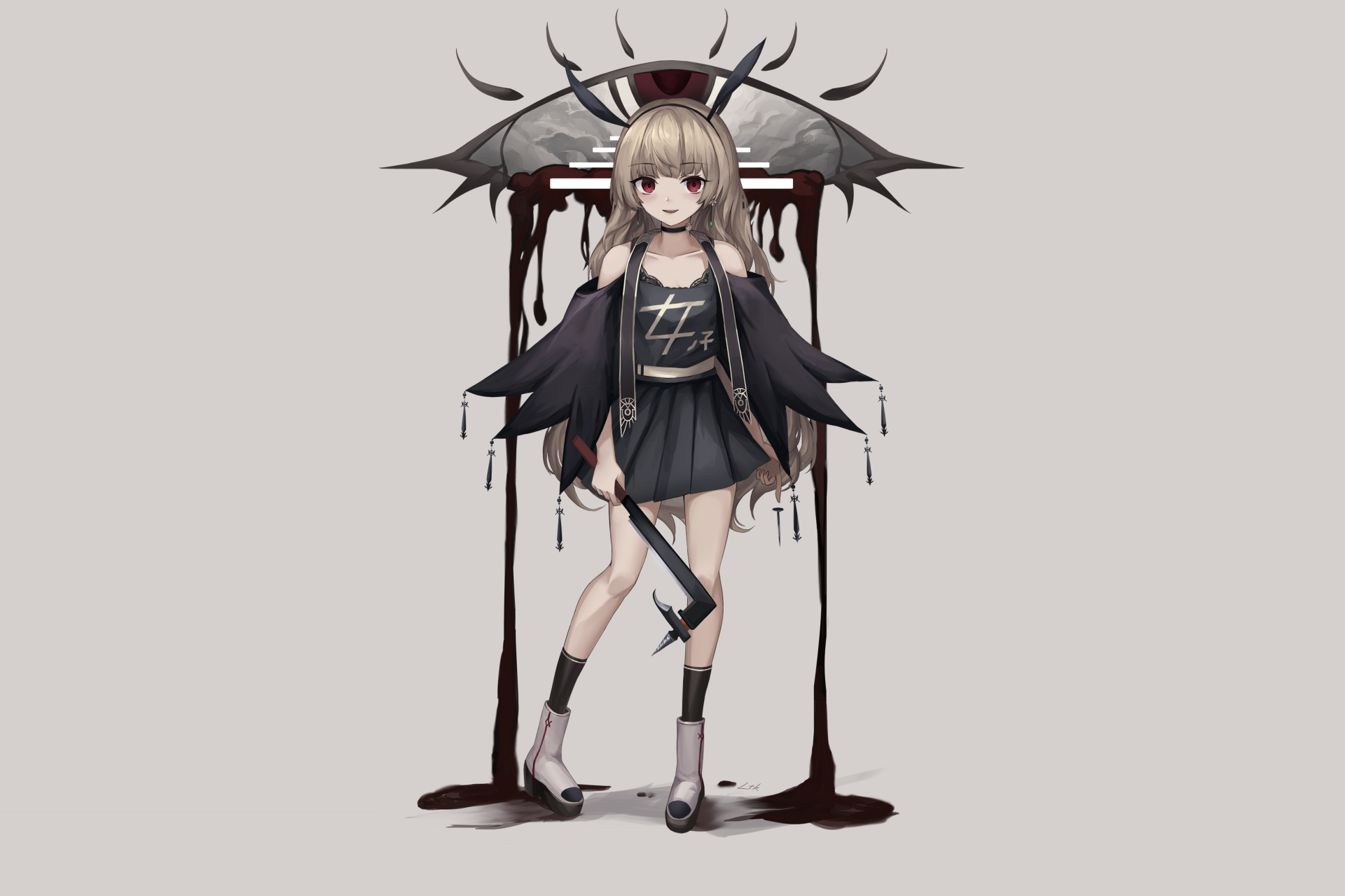 Anime-style original character with red eyes and bunny ears, dressed in a dark outfit, holding a weapon, against a minimalistic backdrop, designed as an HD PC desktop wallpaper.