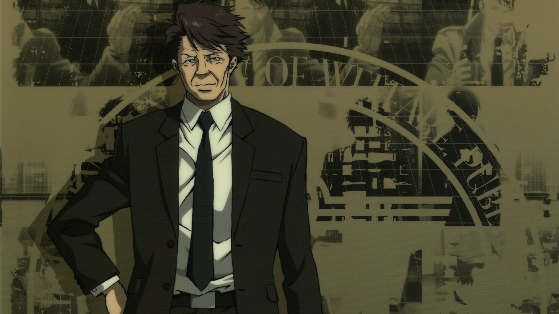 HD PC desktop wallpaper/background of Tomomi Masaoka from the anime Psycho-Pass: stern, suit-clad detective posed against a sepia, industrial cityscape.