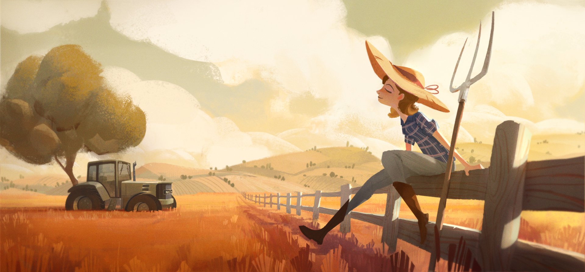 Artistic HD PC wallpaper showing a woman with a pitchfork sitting on a fence in a golden field, a tractor nearby, and a tree under a soft, cloudy sky.