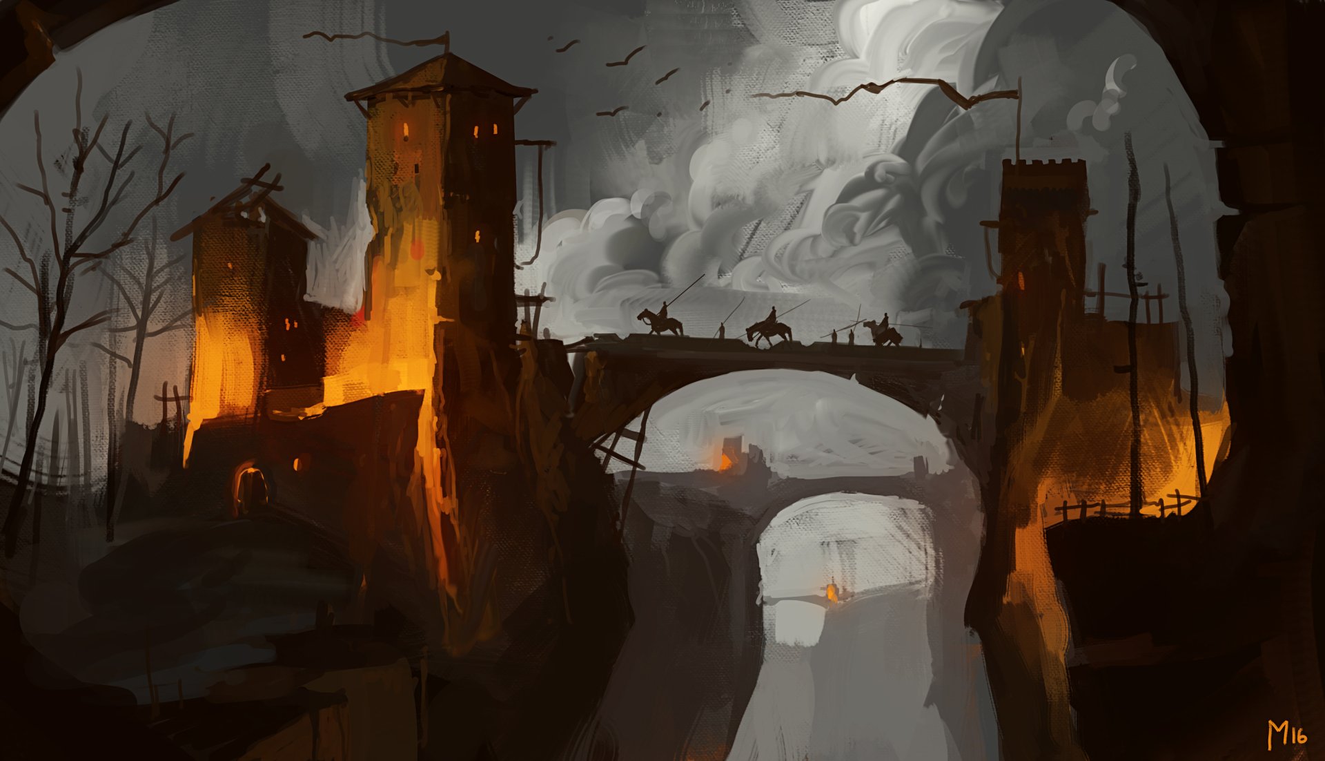HD fantasy desktop wallpaper featuring a warrior on horseback crossing a bridge at night, set against a dramatic background of illuminated buildings and dark clouds.