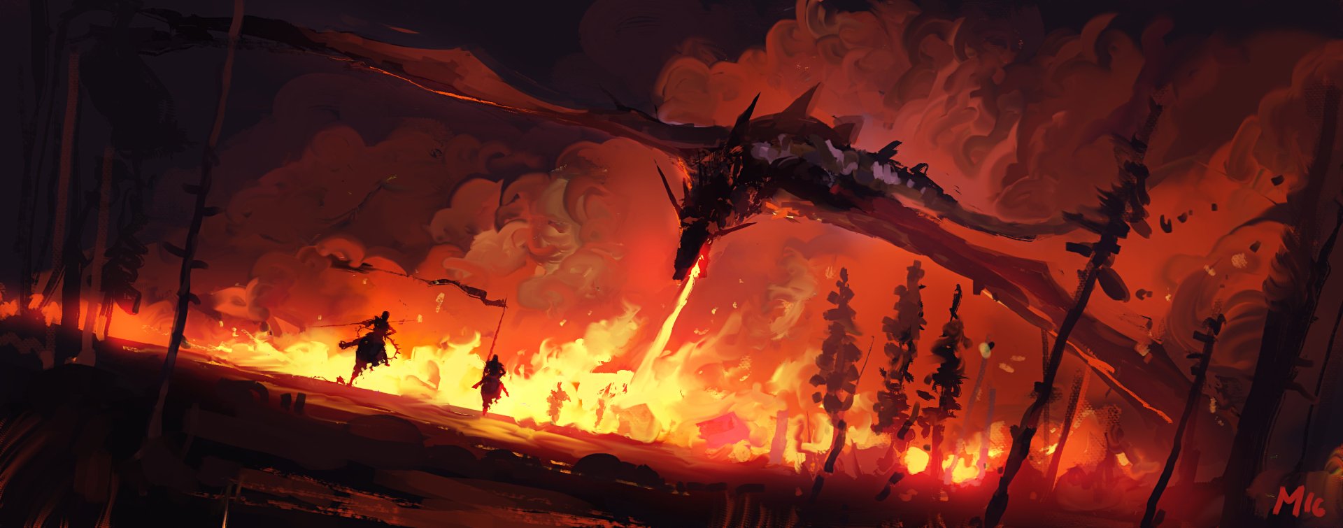 HD desktop wallpaper depicting a fiery scene of destruction, with a massive dragon breathing fire while a warrior engages in battle, under a dark, ominous sky.