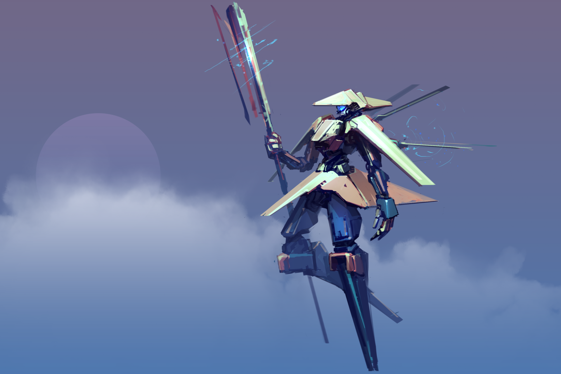 HD PC wallpaper featuring a futuristic robot samurai wielding a spear, floating against a misty sky with a large moon in the background.