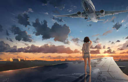 An anime character in shorts stands on a reflective airplane wing, gazing at a sunset sky with clouds and a flying airplane.