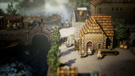 HD wallpaper from Octopath Traveler featuring a quaint village scene with cobblestone paths, rustic buildings, and a bridge over a stream.
