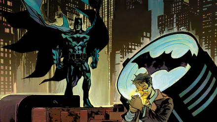 Batman stands tall beside Commissioner James Gordon, illuminated by the iconic Bat-Signal, capturing the essence of DC Comics' detective drama in a striking HD wallpaper.