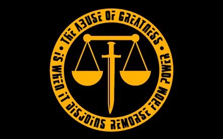 HD PC desktop wallpaper featuring a golden scale and sword emblem with the quote The abuse of greatness is when it disjoins remorse from power from the anime Eden Of The East.