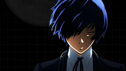 HD PC desktop wallpaper featuring Makoto Yuki (Minato Arisato) from the video game Persona 3, depicted in a dark, moody atmosphere with a grid background.
