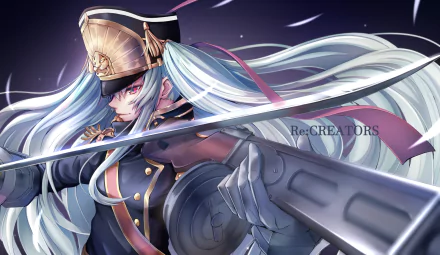 HD desktop wallpaper featuring Gunpuku no Himegimi from the anime Re:Creators, showcasing a dynamic pose with flowing hair, military uniform, and wielding a sword against a dark background.