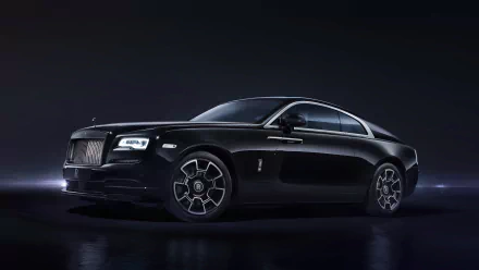 A sleek black Rolls-Royce Wraith car, showcased as an 8K Ultra HD PC desktop wallpaper, highlighting its luxurious design and elegant vehicle profile.