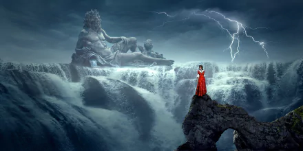 A mystical waterfall flows before a colossal statue of Neptune, illuminated by lightning, as a figure in red stands poised on a rocky outcrop, embodying fantasy and divine power.
