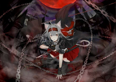 HD anime desktop wallpaper featuring an original nekomimi character with white hair wielding a dagger, surrounded by dark chains and a mysterious, intense atmosphere.