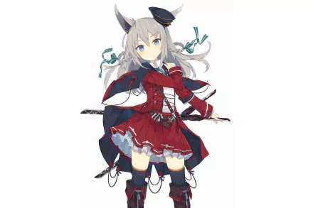 Anime original character with white hair and nekomimi, dressed in a red uniform dress, thigh highs, and a hat, holding a katana. HD PC desktop wallpaper.