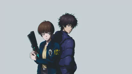 HD PC desktop wallpaper featuring Akane Tsunemori and another character from the anime Psycho-Pass standing back to back with serious expressions.