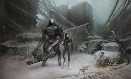 A 4K Ultra HD sci-fi wallpaper depicting two post-apocalyptic cyborg robots armed with weapons, standing amidst a foggy, ruined urban landscape covered in webs.