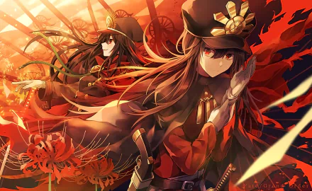 HD anime wallpaper featuring Oda Nobunaga, Oda Nobukatsu, and Demon Archer from Fate/Grand Order in a vivid, fiery background.