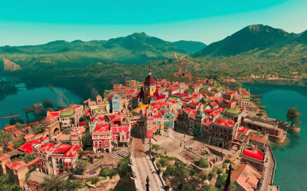 HD wallpaper of Beauclair city from The Witcher 3: Wild Hunt - Blood and Wine showcases a vibrant cityscape with colorful buildings set against a backdrop of mountains and water.